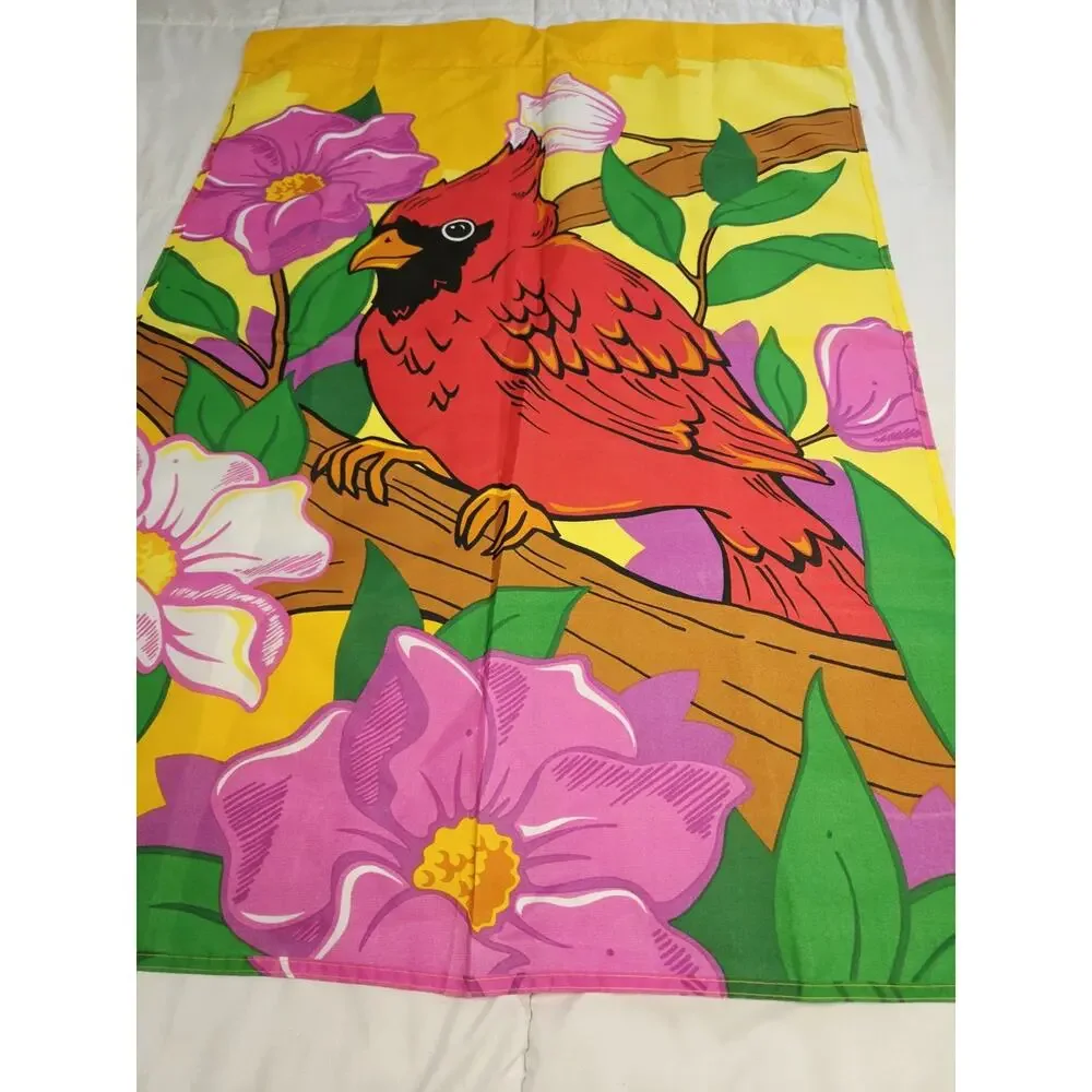 Cardinal Flower Garden Flag 28x41 Decorative Outdoor Banner Red Bird 90's Vtg
